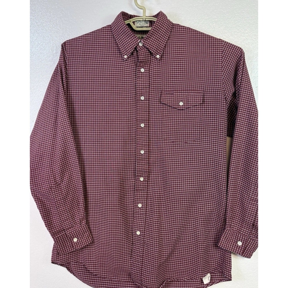 Vtg LL Bean Button Down Shirt Sz L 16 1/2 36 Burgundy Plaid‎ Button Long Sleeve